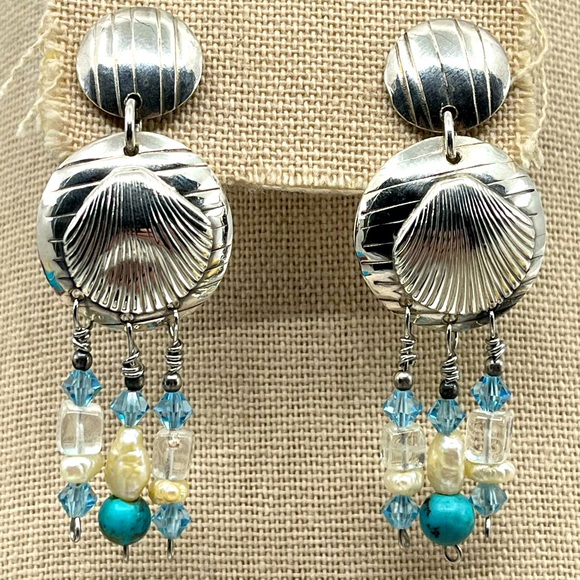 Jewelry - 90's Handmade Sterling Silver Double Shell Earrings with Turquoise